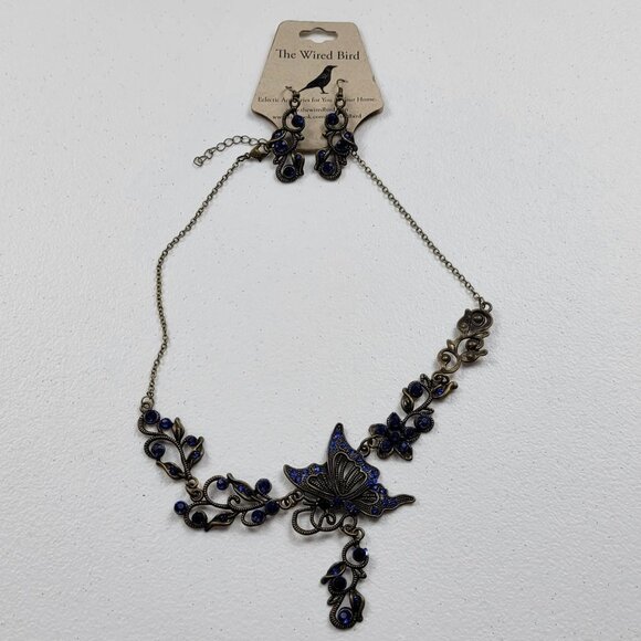 The Wired Bird Jewelry - The Wired Bird Bronze Tone Blue Rhinestone Butterfly Charm Necklace/Earrings Set